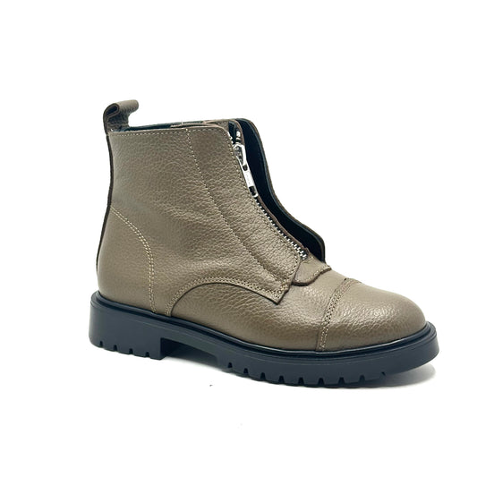 Blublonc Chunky Taupe Leather Front Zip-Up Boot