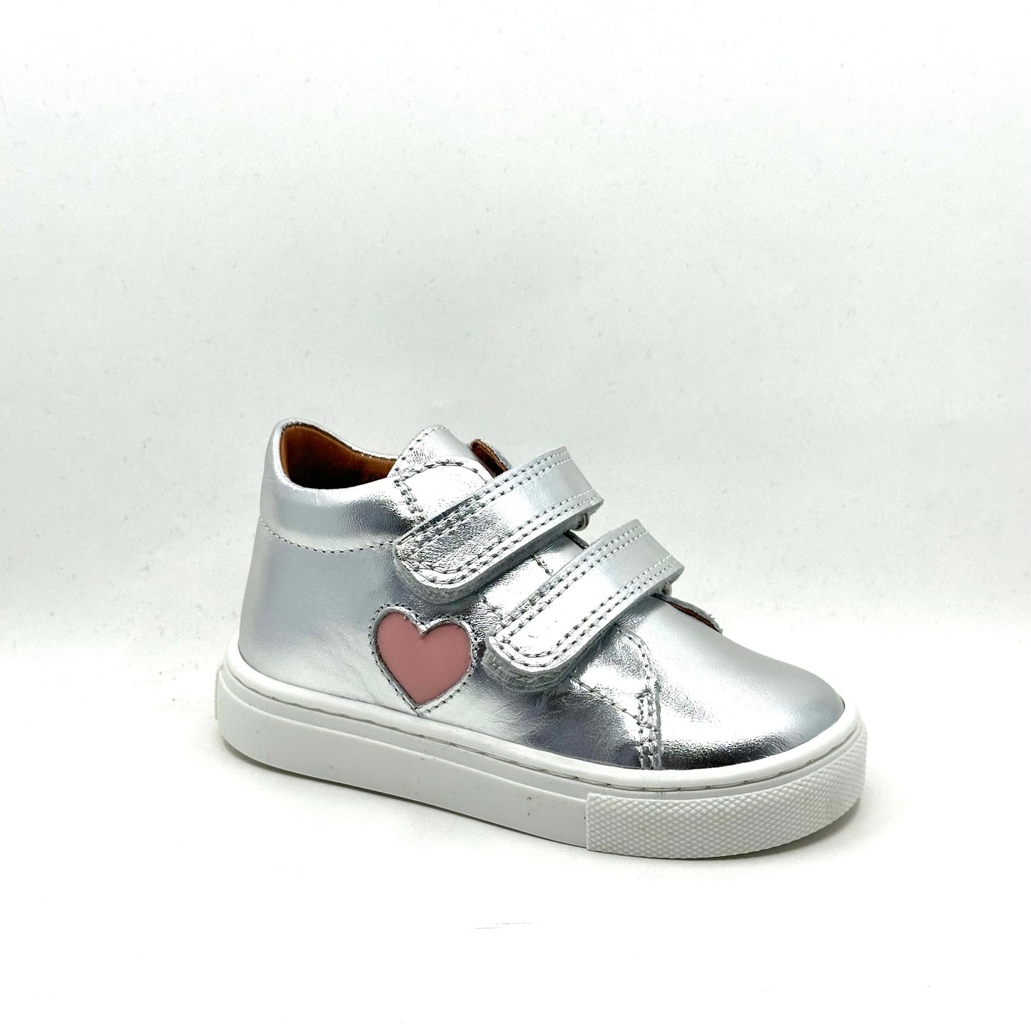 Atlanta Mocassin Silver Metallic and Pink Heart Velcro Sneaker