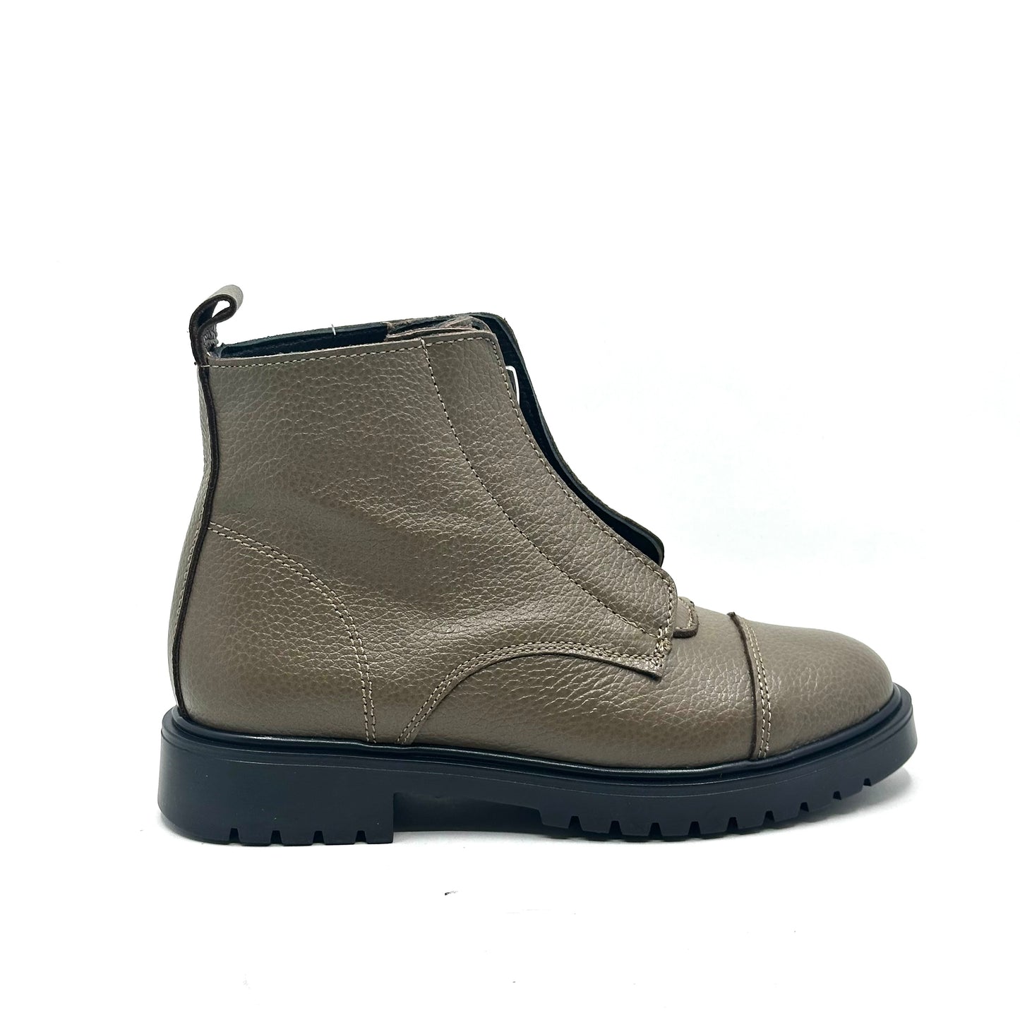 Blublonc Chunky Taupe Leather Front Zip-Up Boot