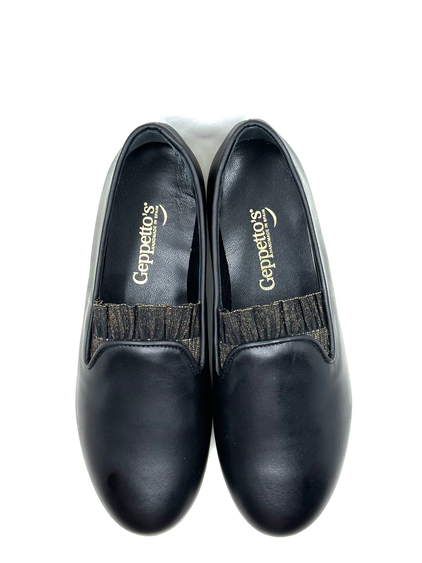 Geppetoes Black Leather Ruffled Loafer