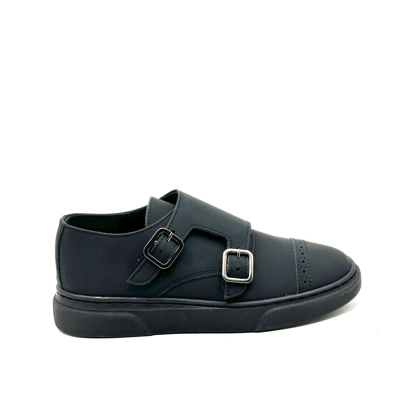 Blublonc Black Gum Leather Monk Strap Sneaker Shoe