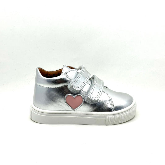 Atlanta Mocassin Silver Metallic and Pink Heart Velcro Sneaker