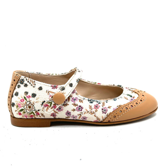 Blublonc White Floral Luggage Wingtip Mary Jane