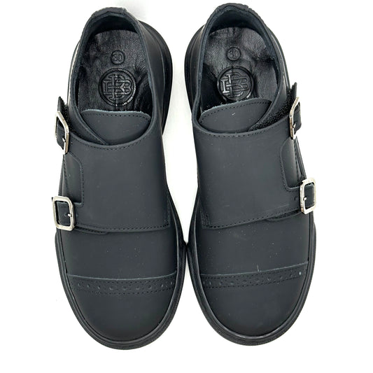 Blublonc Black Gum Leather Monk Strap Sneaker Shoe