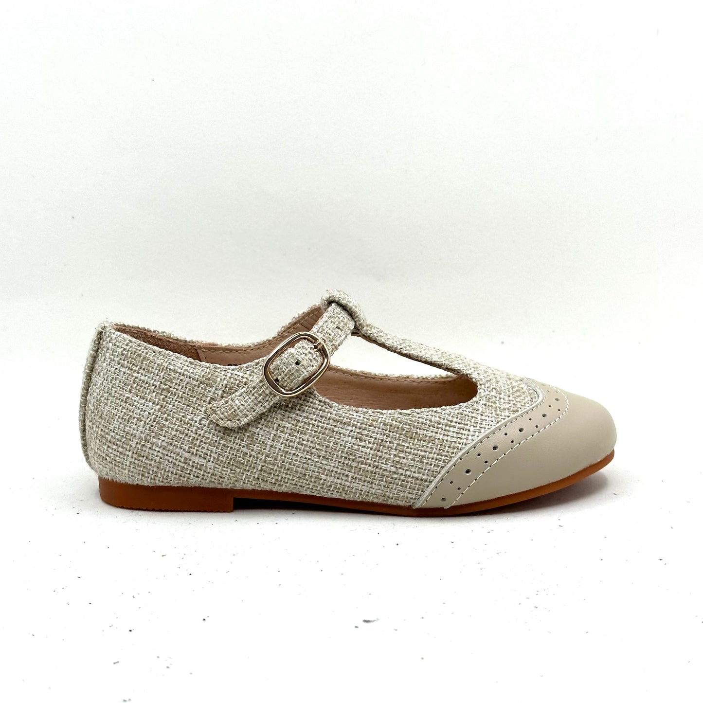 Perroquet Beige and Linen Wingtip T-Strap