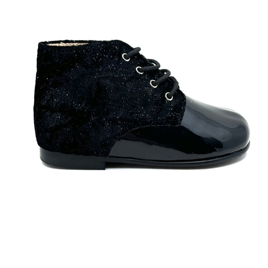 Beberlis Black Sparkling Velvet and Patent Baby Bootie